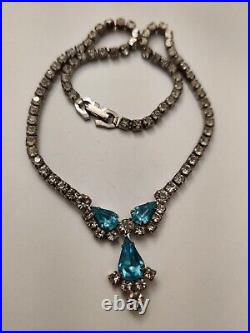 Dazzling Signed Sherman Necklace Blue & Clear Crystals Vintage 50s Art Deco