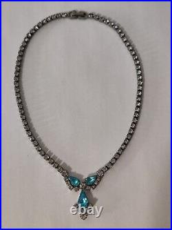 Dazzling Signed Sherman Necklace Blue & Clear Crystals Vintage 50s Art Deco