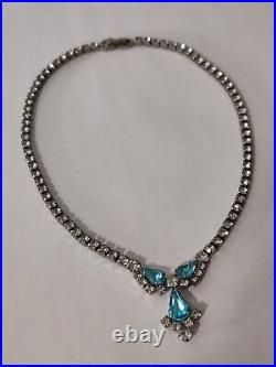 Dazzling Signed Sherman Necklace Blue & Clear Crystals Vintage 50s Art Deco