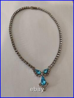 Dazzling Signed Sherman Necklace Blue & Clear Crystals Vintage 50s Art Deco