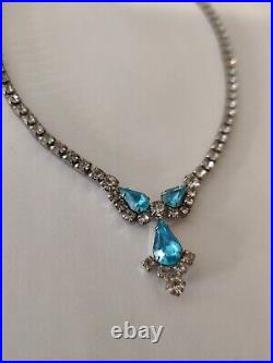 Dazzling Signed Sherman Necklace Blue & Clear Crystals Vintage 50s Art Deco