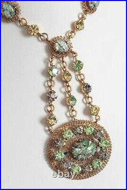 Deco Vtg Austrian Crystal aqua rhinestone foil art glass cab bib necklace RARE