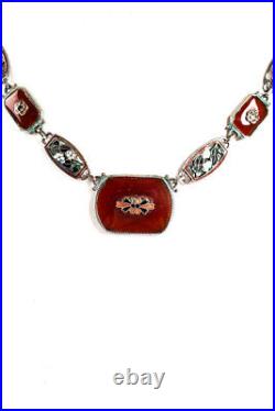 Designer Art Deco Style Carnelian Marcasite Sterling Silver Floral Necklace 15