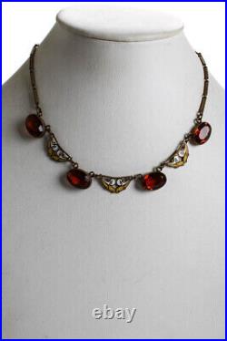 Designer Womens Art Deco Vintage Gold Filled Czech Glass Enamel Necklace 16.5