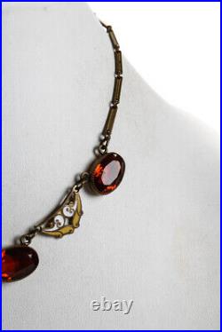 Designer Womens Art Deco Vintage Gold Filled Czech Glass Enamel Necklace 16.5