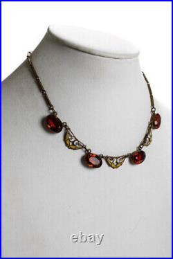 Designer Womens Art Deco Vintage Gold Filled Czech Glass Enamel Necklace 16.5