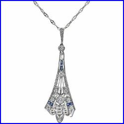 Diamond Sapphire Filigree Antique Art Deco Necklace 1920 Platinum 18k White Gold
