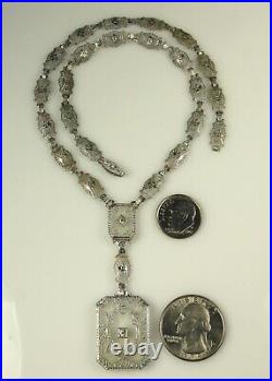 Double CAMPHOR GLASS Necklace 1930s ART DECO Sunray Crystals Rhodium Filigree A+