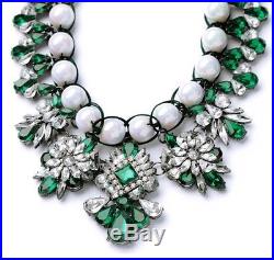 EMERALD GREEN CLEAR WHITE PEARL BEADED Vtg Designer Rhinestone Art Deco Necklace
