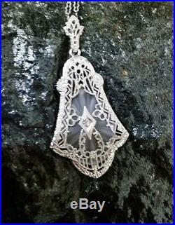 ESEMCO Art Deco Filigree 10k White Gold Glass Camphor Diamond Pendant Necklace