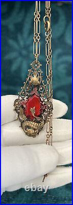 EXCEPTIONAL Antique Early 1900's Czechoslovakia Asian Motifs Red Glass Necklace