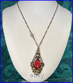 EXCEPTIONAL Antique Early 1900's Czechoslovakia Asian Motifs Red Glass Necklace