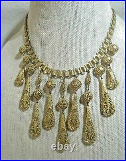 Early MIRIAM HASKELL Art Deco Russian Gold Gilt Filigree Drops Bib Necklace