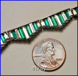 Early unsigned Boucher Art Deco Emerald Green & Diamante Rhine Baguette Necklace
