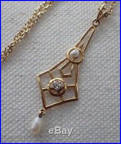 Edwardian Art Deco 10k Gold Pendant Diamond Chip & Seed Pearls & 14k Necklace