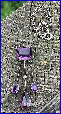 Edwardian Cushion Cut Amethyst Silver Negligee Necklace with Pear & Oval Drops