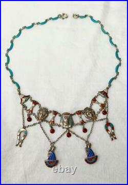 Egyptian Revival Necklace Pharoah Goddess Lotus Antique Art Deco Silver Enamel