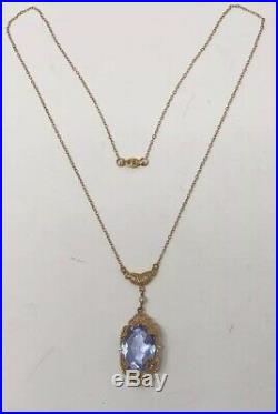 Elegant Antique Art Deco 10KT Gold Filigree Amethyst Necklace w seed pearl