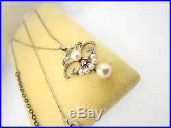 Elegant Art Deco Mikimoto Cultured Pearl Cluster Pendant On Necklace M Sil