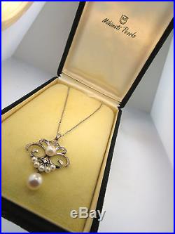 Elegant Art Deco Mikimoto Cultured Pearl Cluster Pendant On Necklace M Sil