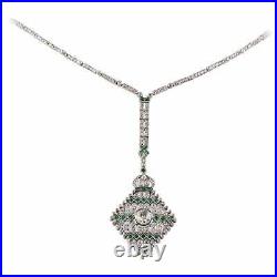 Elegant Art Deco White CZ & Emerald 10CT With 925 Solid Sterling Silver Necklace