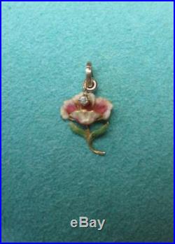 Enamel Poppy OMC Diamond Pendant Flower Art Nouveau Necklace Belle Epoque Deco