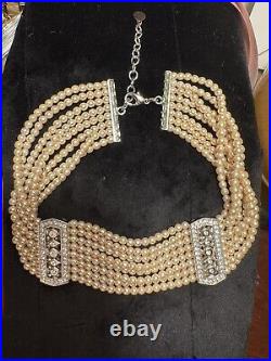 Erwin Pearl Art Deco Faux Pearl Rhinestone Multistrand Choker Necklace