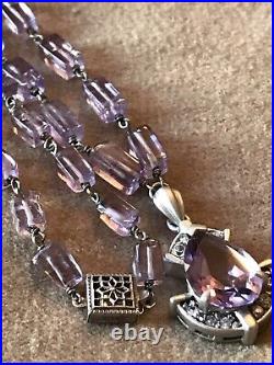 Estate ART DECO STERLING SILVER AMETHYST LAVALIER DROP CHAIN NECKLACE 18