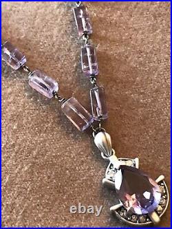 Estate ART DECO STERLING SILVER AMETHYST LAVALIER DROP CHAIN NECKLACE 18