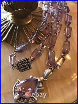 Estate ART DECO STERLING SILVER AMETHYST LAVALIER DROP CHAIN NECKLACE 18