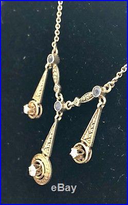 Estate Art Deco 14K Yellow Gold Diamond, Sapphire Drop Lavalier Necklace LOVELY