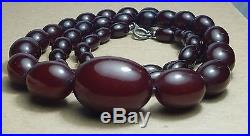 Estate Art Deco Cherry Amber Bakelite 27 Graduated Bead Sterling Ring Necklace