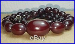 Estate Art Deco Cherry Amber Bakelite 27 Graduated Bead Sterling Ring Necklace