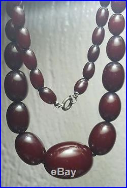 Estate Art Deco Cherry Amber Bakelite 27 Graduated Bead Sterling Ring Necklace