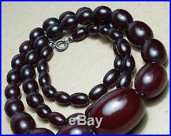 Estate Art Deco Cherry Amber Bakelite 27 Graduated Bead Sterling Ring Necklace