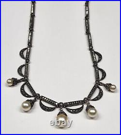 Estate Art Deco Sterling Silver Marcasite Chandelier Necklace With Pearls 17