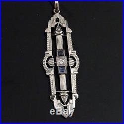 Estate Diamond Sapphire 14k White Gold Necklace Pendant On Chain Art Deco Style