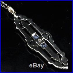 Estate Diamond Sapphire 14k White Gold Necklace Pendant On Chain Art Deco Style