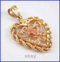 Estate Rose Heart Pendant Charm Necklace Art Deco Pendant 14K Yellow Gold Plated