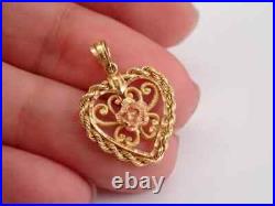 Estate Rose Heart Pendant Charm Necklace Art Deco Pendant 14K Yellow Gold Plated