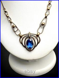 European Art Deco 12 kt GF Vauxhall Blue Paste Open Back Metalwork Necklace