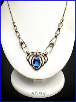 European Art Deco 12 kt GF Vauxhall Blue Paste Open Back Metalwork Necklace