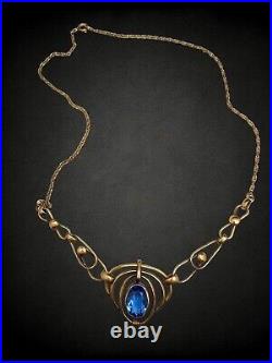 European Art Deco 12 kt GF Vauxhall Blue Paste Open Back Metalwork Necklace