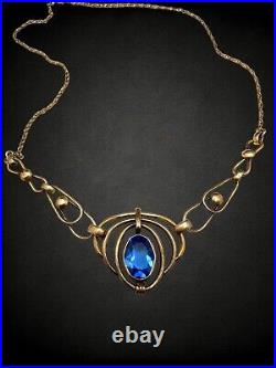 European Art Deco 12 kt GF Vauxhall Blue Paste Open Back Metalwork Necklace