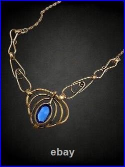 European Art Deco 12 kt GF Vauxhall Blue Paste Open Back Metalwork Necklace