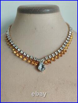 Exquisite Crystals Necklace Signed Denbe Citrine & Clear Art Deco Fancy Vintage