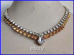 Exquisite Crystals Necklace Signed Denbe Citrine & Clear Art Deco Fancy Vintage