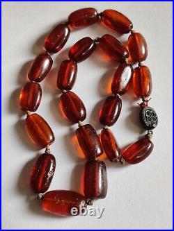 Exquisite Old Natural Amber Necklace Cognac Tone Chinese Export Silver Clasp