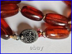 Exquisite Old Natural Amber Necklace Cognac Tone Chinese Export Silver Clasp