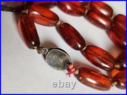 Exquisite Old Natural Amber Necklace Cognac Tone Chinese Export Silver Clasp